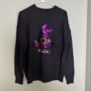 Chic Black Sweater with Purple Sequin Witch Hat